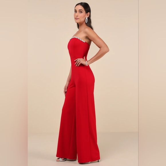 Lulus Lavish Muse Red Rhinestone Strapless Jumpsuit S Wedding Party Prom Evening - Picture 4 of 10